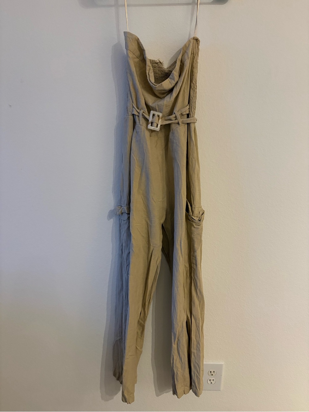 Light Taupe Cowl-Neck Utility Jumpsuit with Belt